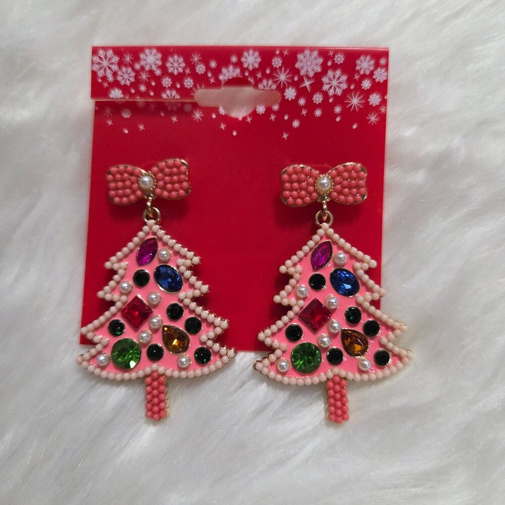 Pink Christmas Tree Earrings